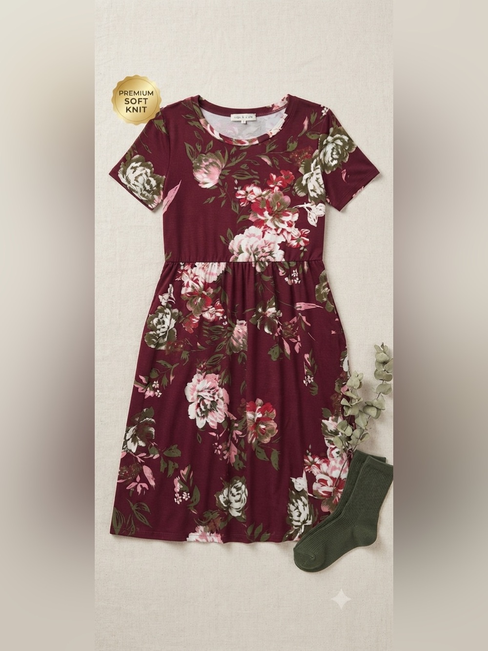 Reborn Burgundy Floral Knit Short Sleeve Dress